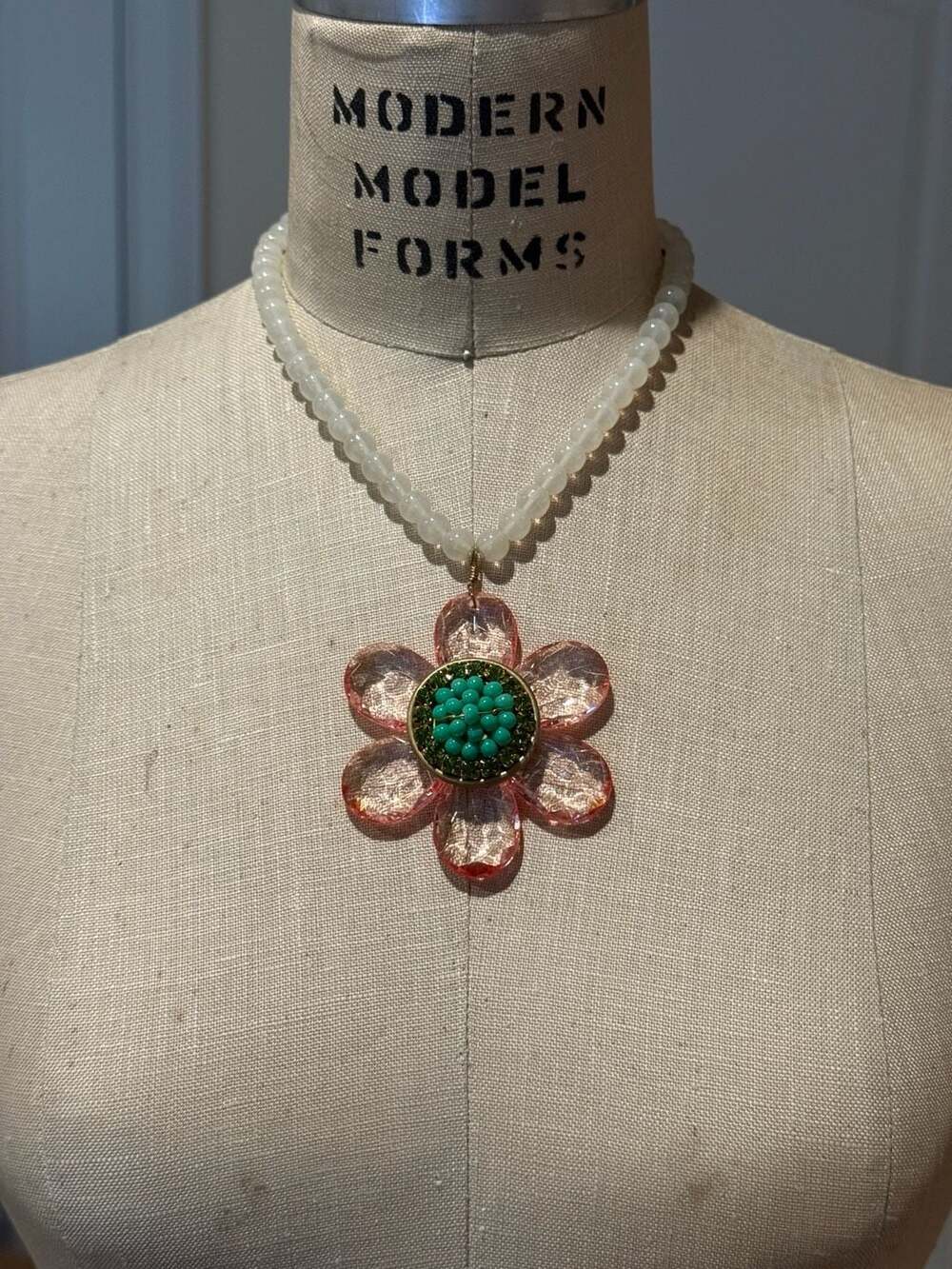 Vintage Lenora Dame Lucite Flower Beaded Statement Necklace Pink Turquoise